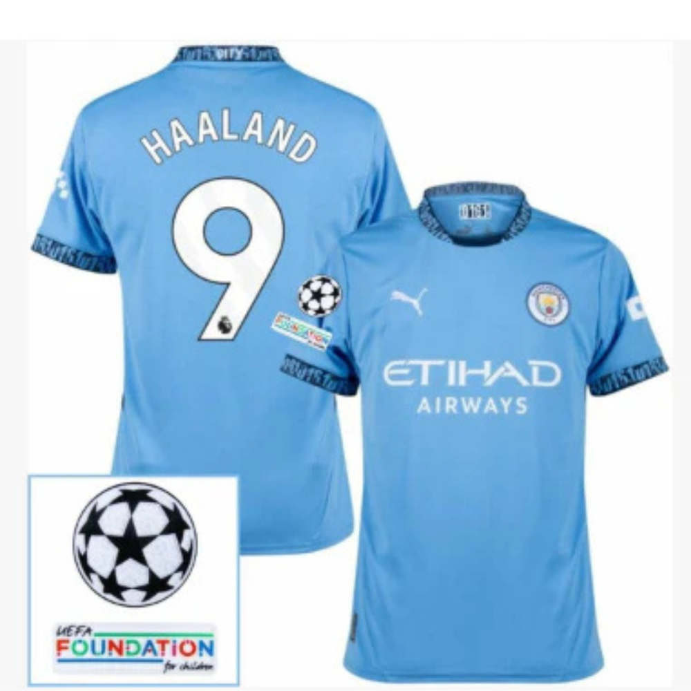 Manchester City Haaland 9 Home Fan Jersey 2024/25 Patches UCL UEFA Foundation (Official Printing)